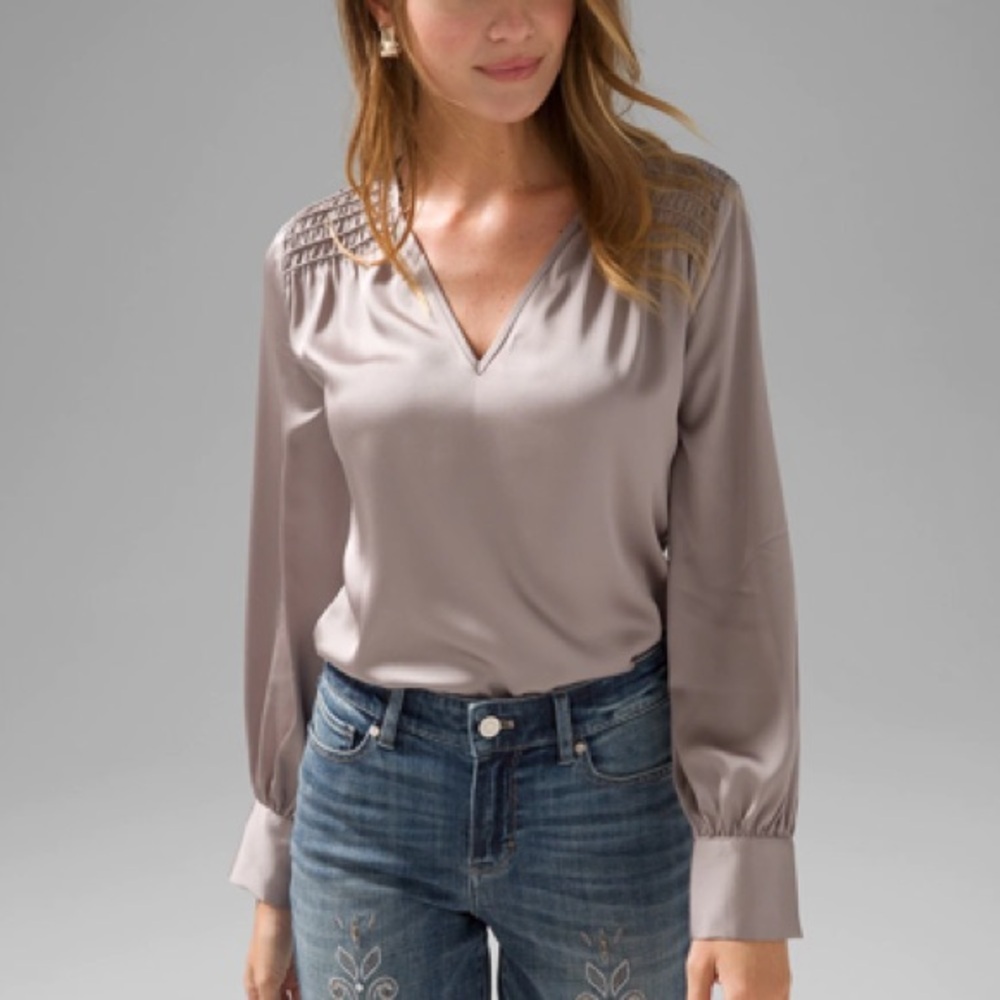 White House Black Market Taupe V-Neck Long Sleeve Blouse